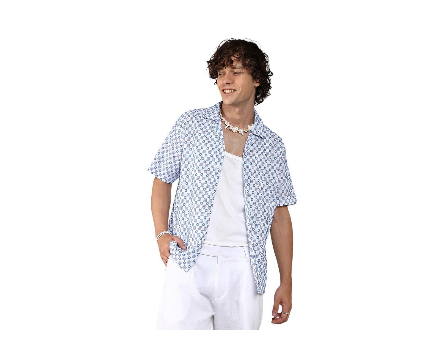 Men's Chalk White & Prussian Blue Embroidered Checkered Shirt