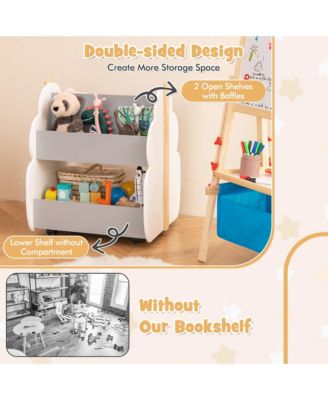 Kids Wooden Bookshelf with Wheels 2-Tier Toy Storage Shelf Double-sided Bookcase