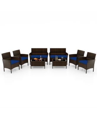8 PCS Patio Furniture Set with Washable Cushions and Tempered Glass Coffee Table