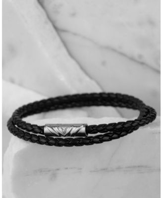 Men's Black Silver Delta Double Bracelet with Full-Grain ECCO Leather and Magnetic Clasp, Regular