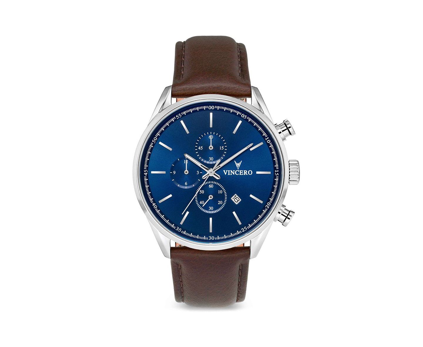Мужские часы Vincero The Chrono S2 316L Stainless Steel Watch with Italian Leather Strap, цвет: Синий / Коричневый — фото 1