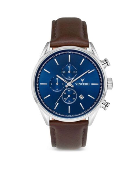 Мужские часы Vincero The Chrono S2 316L Stainless Steel Watch with Italian Leather Strap, цвет: Синий / Коричневый