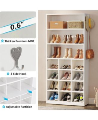 Shoe Cabinet, 24 Pair Freestanding Shoe Rack Storage Organizer with Side Hooks, Modern Shoe Storage Cabinet with Shelves