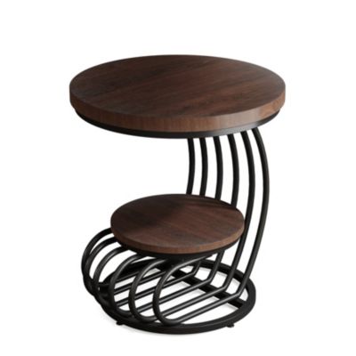 Round End Table: 2 Tiers Faux Marble Side Table with Storage Shelf, Bedside Nightstand, Metal Arc-Shaped Frame Accent Table