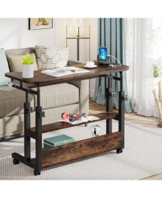 Portable Desk with Power Outlets, Height Adjustable Side Table Sofa Couch Bedside Laptop Computer Cart with USB Charging Ports, Mobile Small Standing Desk with Keyboard Tray