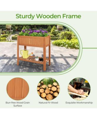 Outdoor Raised Garden Bed Fir Wood Planter Box with Bottom Storage Shelf and Protective Liner