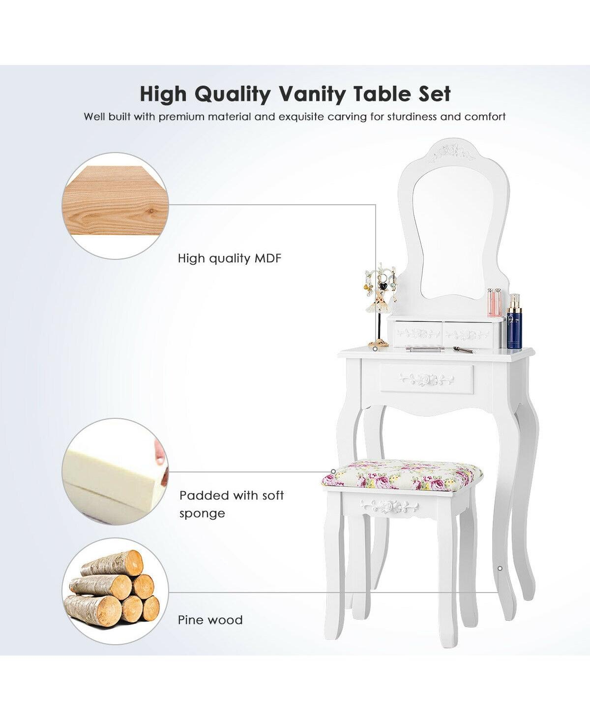 Sugift Makeup Dressing Table and Bench 3 Drawers and Cushioned Stool for Girls