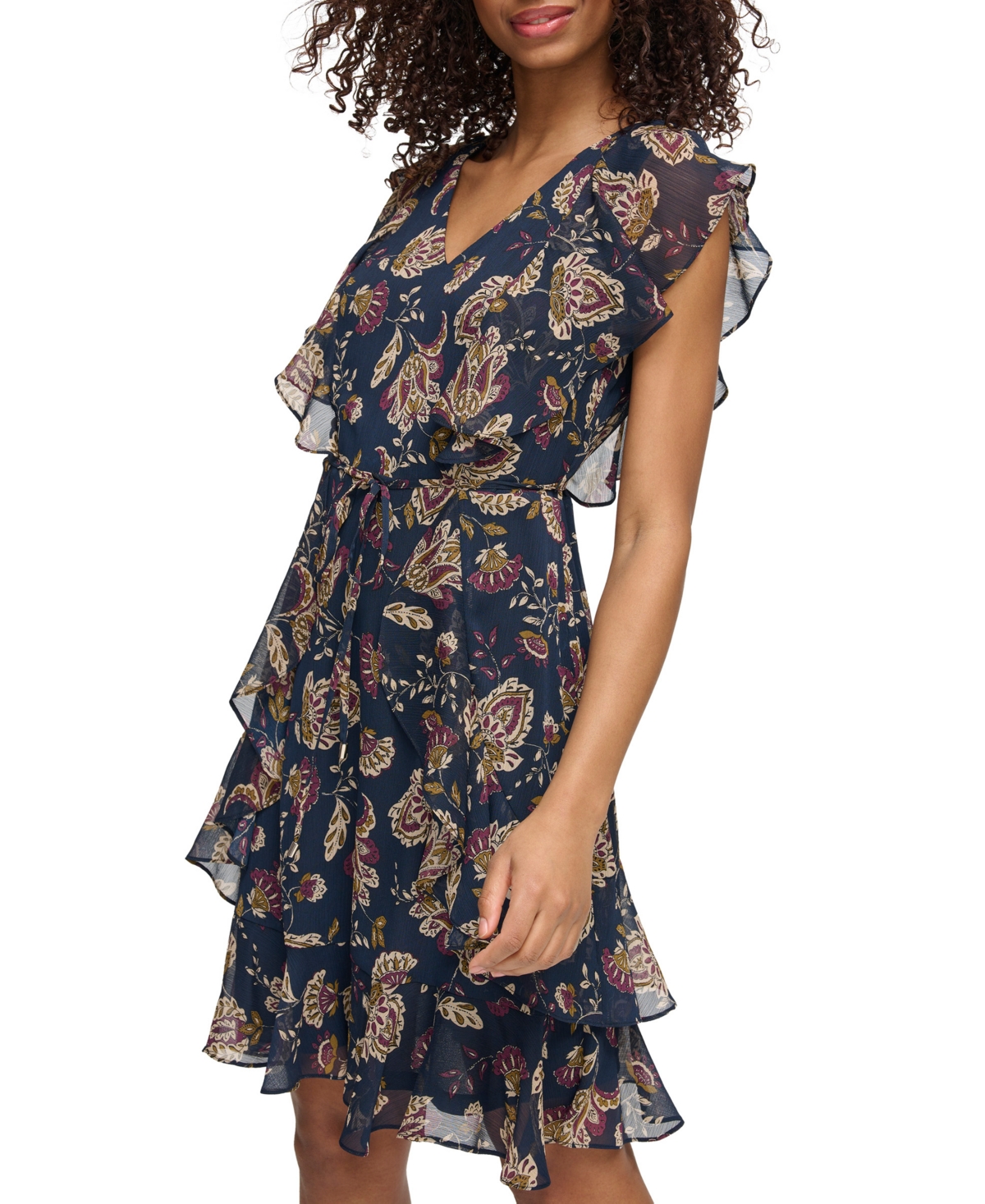 Tommy Hilfiger Women's Printed Flutter-sleeve Ruffle Dress In Sky Captain,aubergine