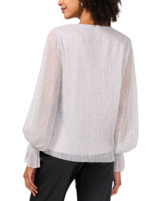 Women's Metallic V-Neck Sheer-Sleeve Top