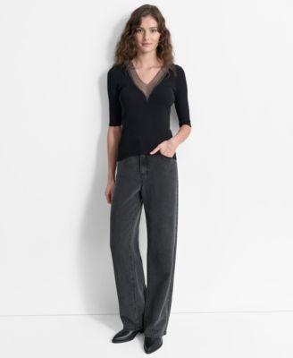 Women's Embellished-Neck Half-Sleeve Ribbed Sweater