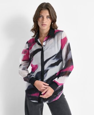 DKNY - Women's Crinkled Chiffon Abstract-Print Blouse