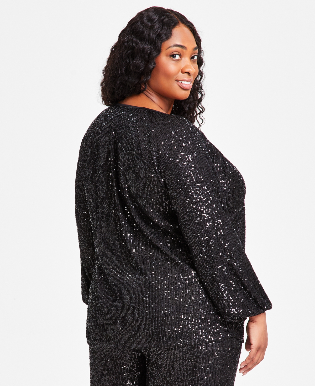 Jm Collection Plus Size Sequin Boat-Neck Long-Sleeve Top, Created for Macy's