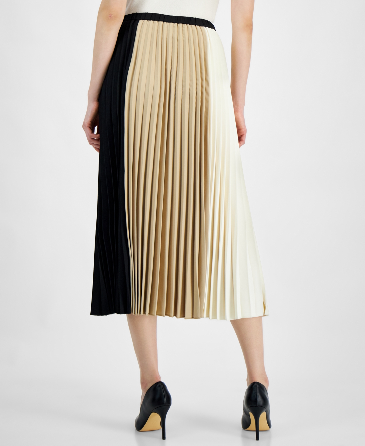 Anne Klein Petite Pull-On Colorblocked Pleated Skirt -Latte/Anne White