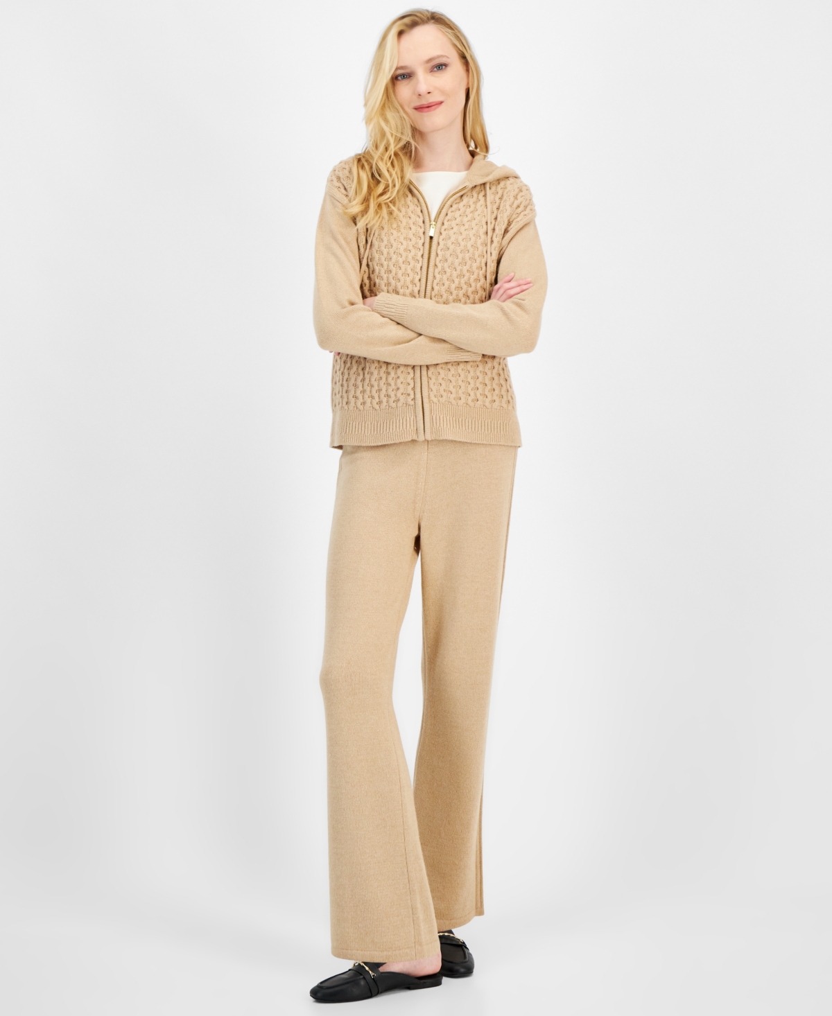 Anne Klein Rib Wide Leg Pants In Latte