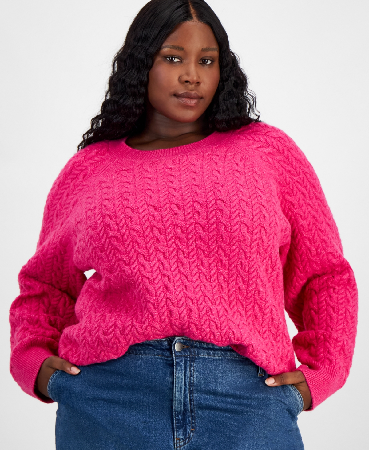 Trendy Plus Cable-Knit Crewneck Sweater, Created for Macy's - Fuchsia Purple