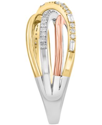 EFFY&reg; Diamond Round & Baguette Crossover Statement Ring (1/4 ct. t.w.) in 14k Tricolor Gold