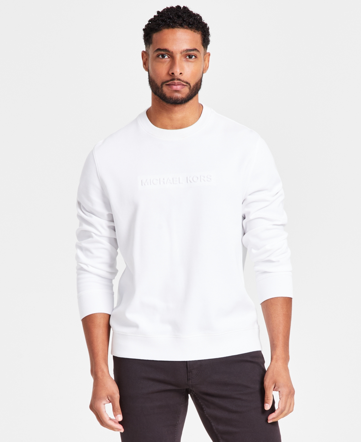Michael Kors Men's Embossed Logo Crewneck Sweatshirt In White
