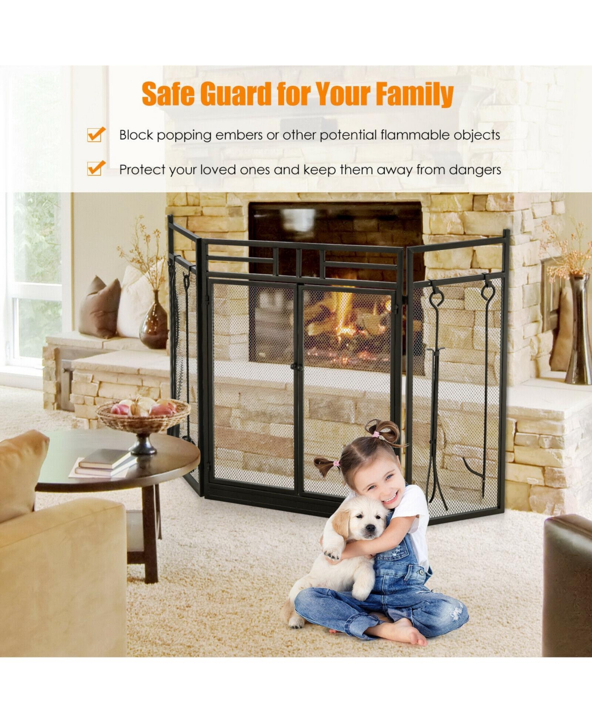 Sugift 3-Panel Folding Wrought Iron Fireplace Screen with Doors and 4 Pieces Tools Set