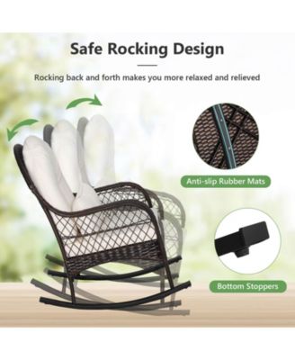Patio Rattan Rocking Chair with Seat Back Cushions and Waist Pillow