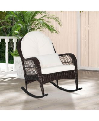 Patio Rattan Rocking Chair with Seat Back Cushions and Waist Pillow