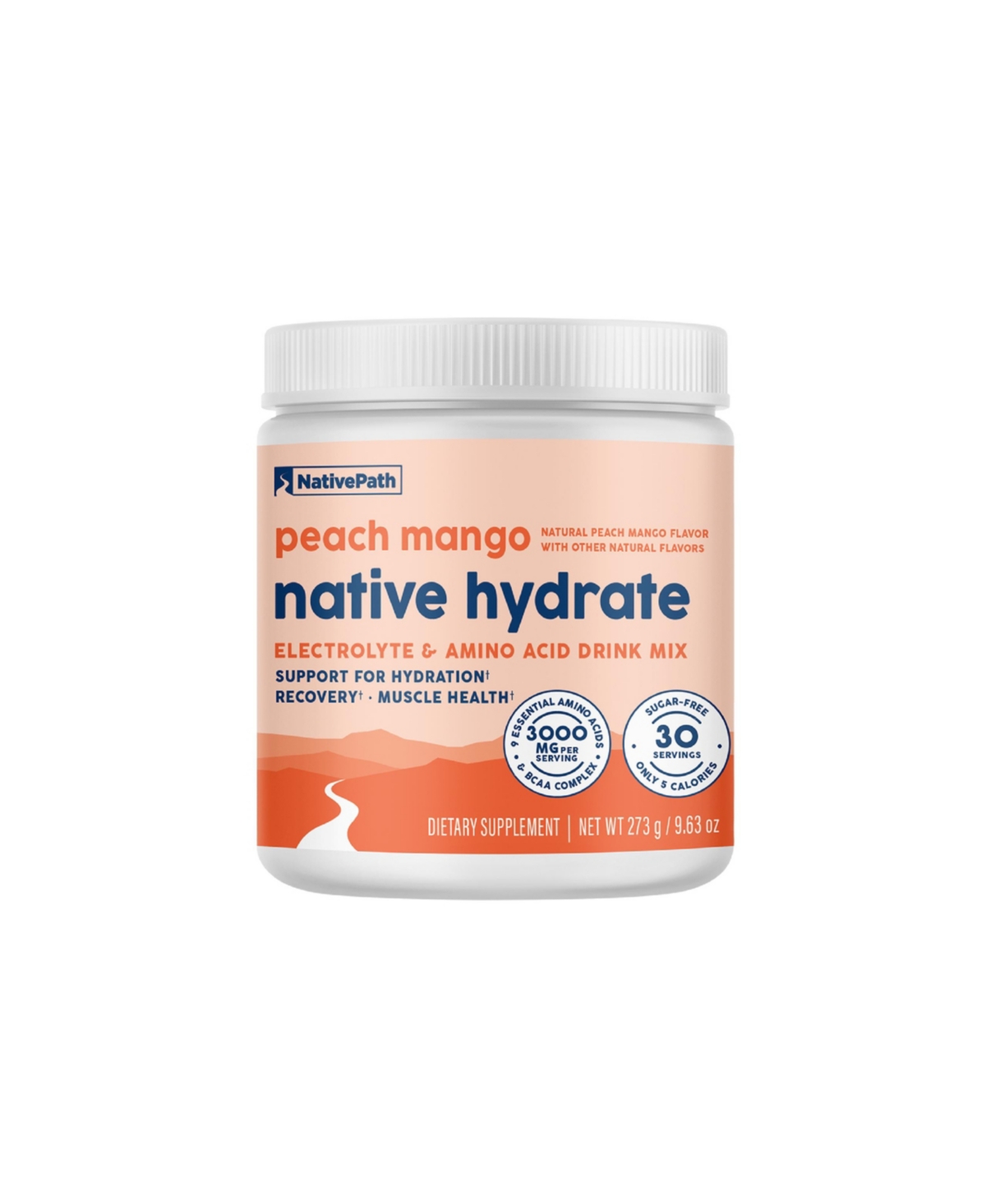 Native Hydrate, Zero Sugar, Electrolytes Powder with BCAAs, Peach Mango Hydration Powder, Keto & Paleo Friendly, 30 Servings - White