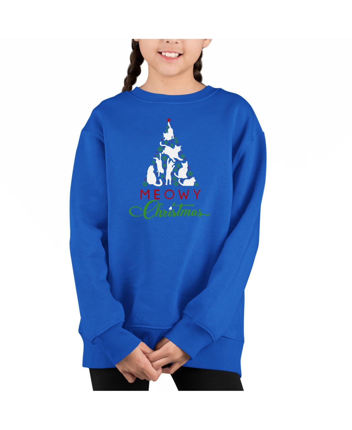La Pop Art Girls Meowy Christmas Tree Word Art Crewneck Sweatshirt