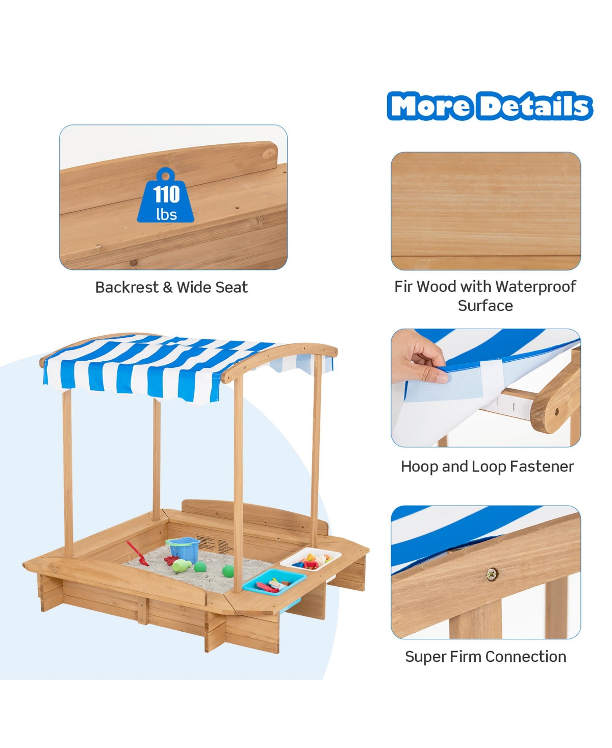 Costway Kids Wooden Sandbox w/ 2 Bench Seats Outdoor Play Station for Children