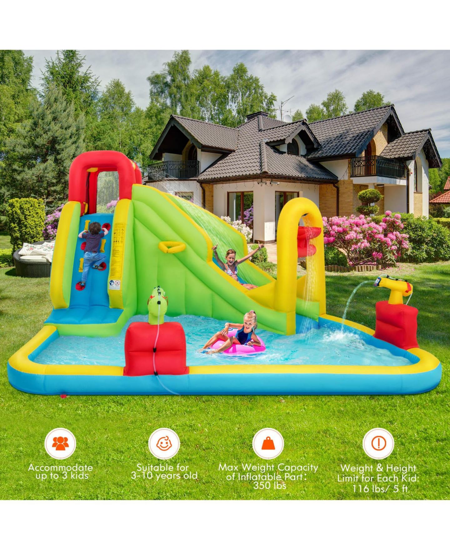 Детская игрушка INOLAIT Inflatable Splash Jump Slide Water Park with Climbing Wall, Splash Pool and Basketball Rim — фото 5