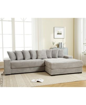 Cozy Grey Corduroy L-Shaped Sofa with Chaise, Armrests, and Pillows
