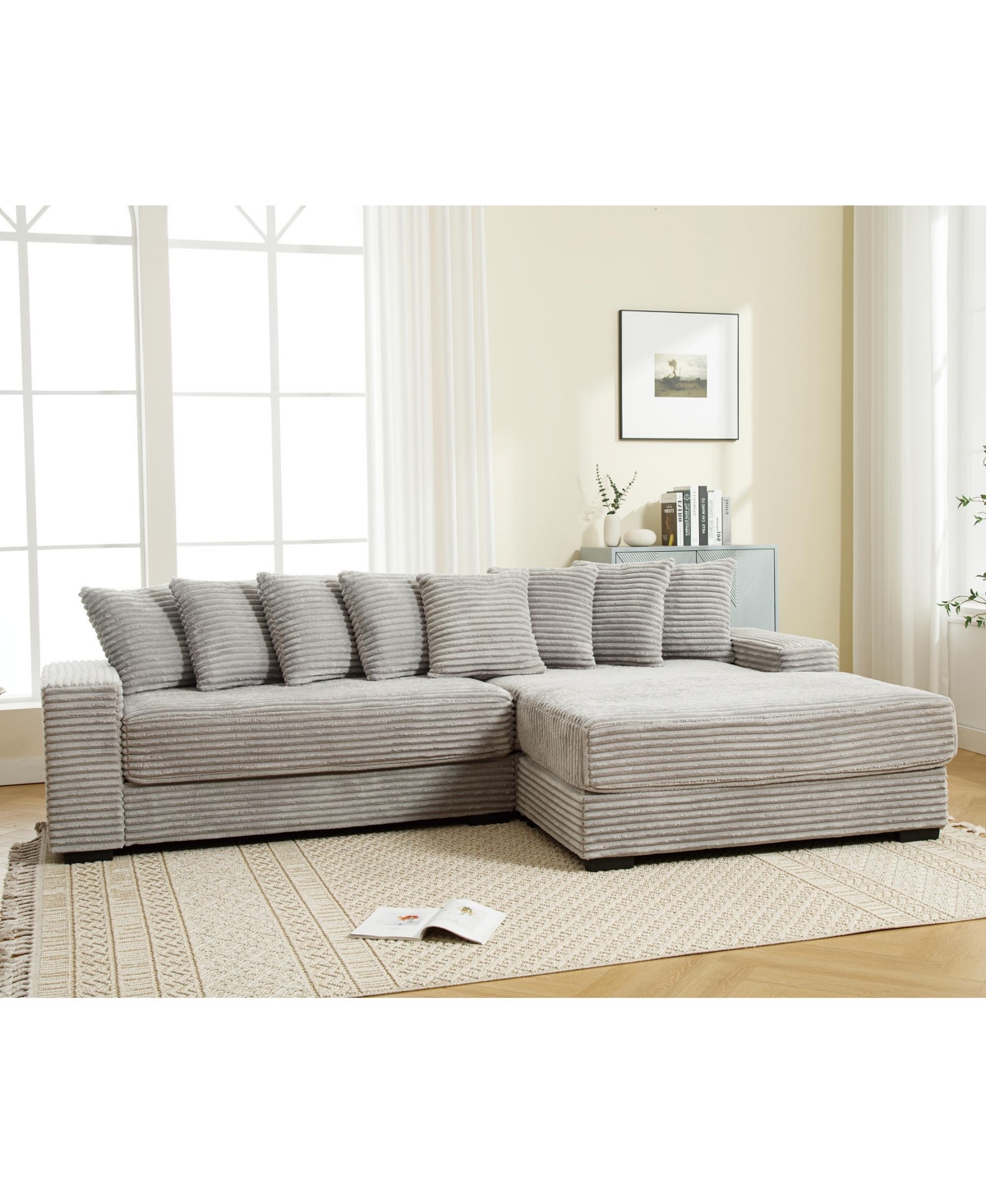 Streamdale Furniture Cozy Grey Corduroy L-Shaped Sofa with Chaise, Armrests, and Pillows