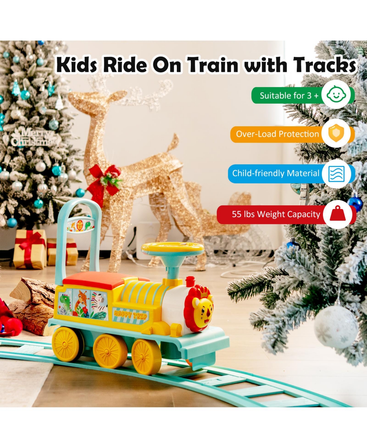 Gymax 6V Electric Kids Ride On Train Motorized Train Toy w/ Track & 6 Wheels Green - Blue+red+yellow