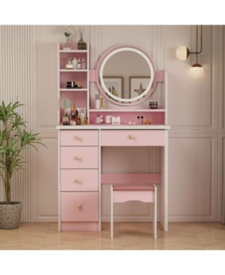 Light Mirror 5-Drawers White  Makeup Vanity Set Dressing Desk