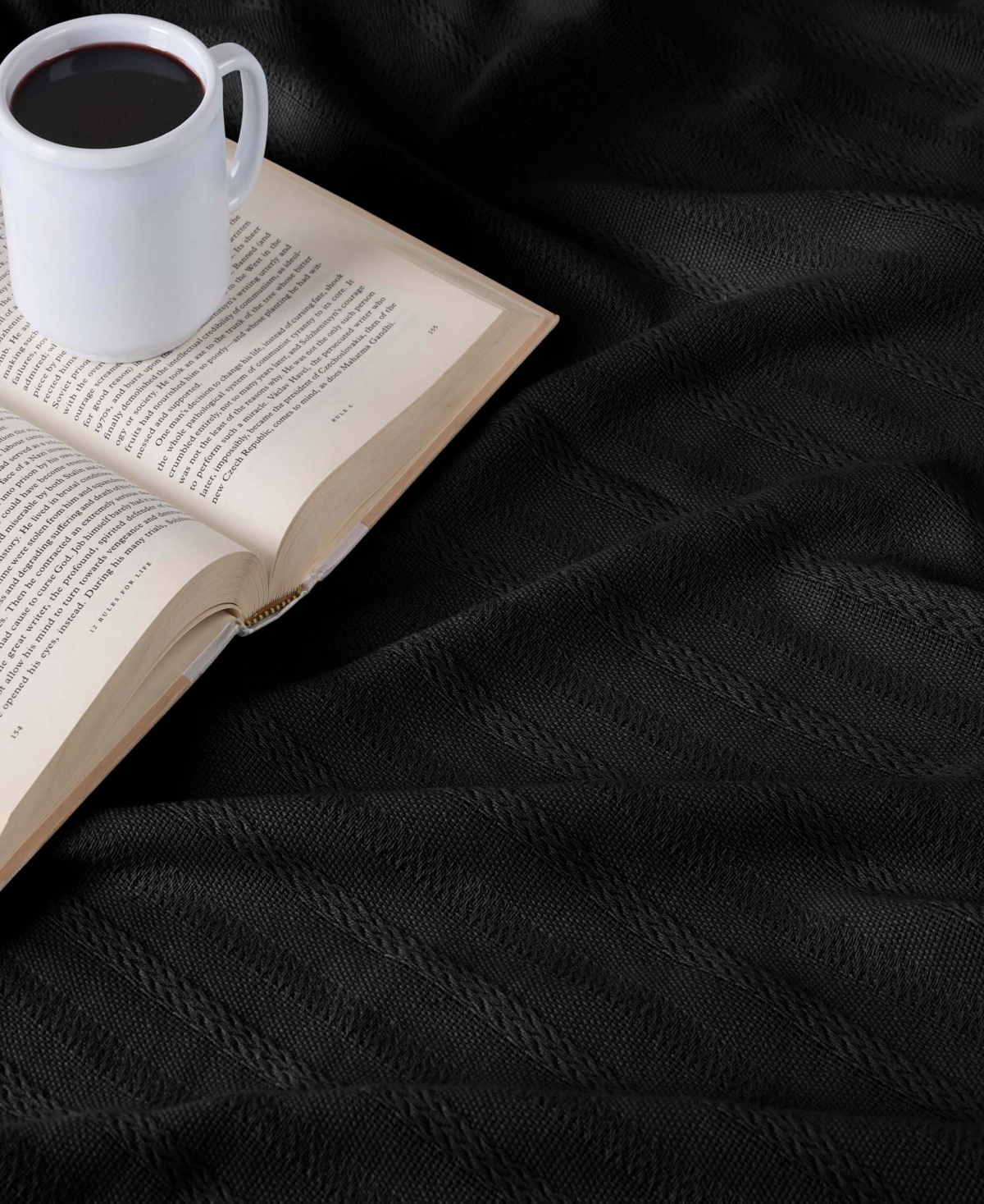 Superior Clara Cotton Textured Striped Lightweight Woven Throw, 50" X 60" In Black