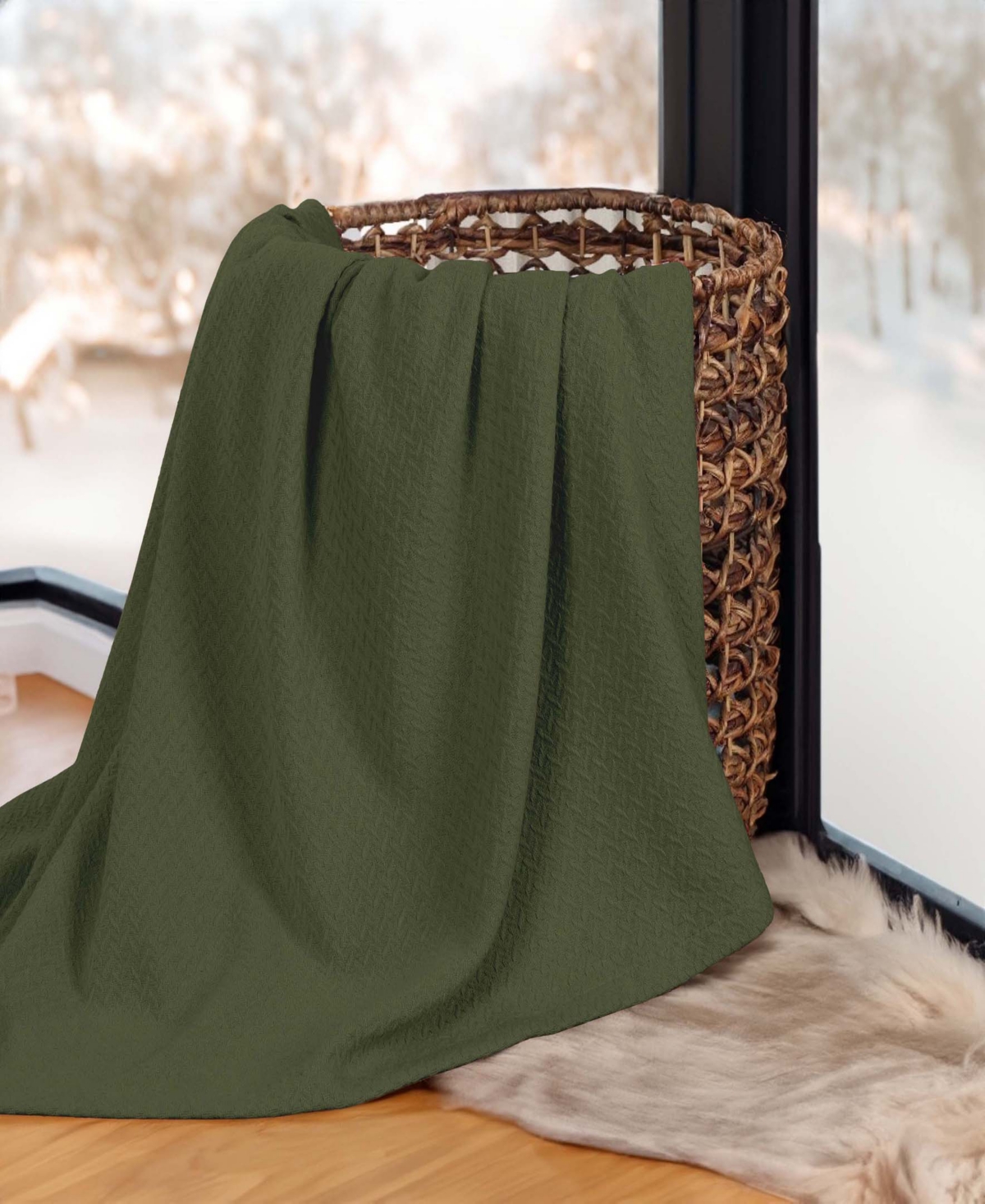 Superior Nobel Cotton Jacquard Dobby Weave Textured Chevron Lightweight Woven Blanket, Full/queen In Forest Green