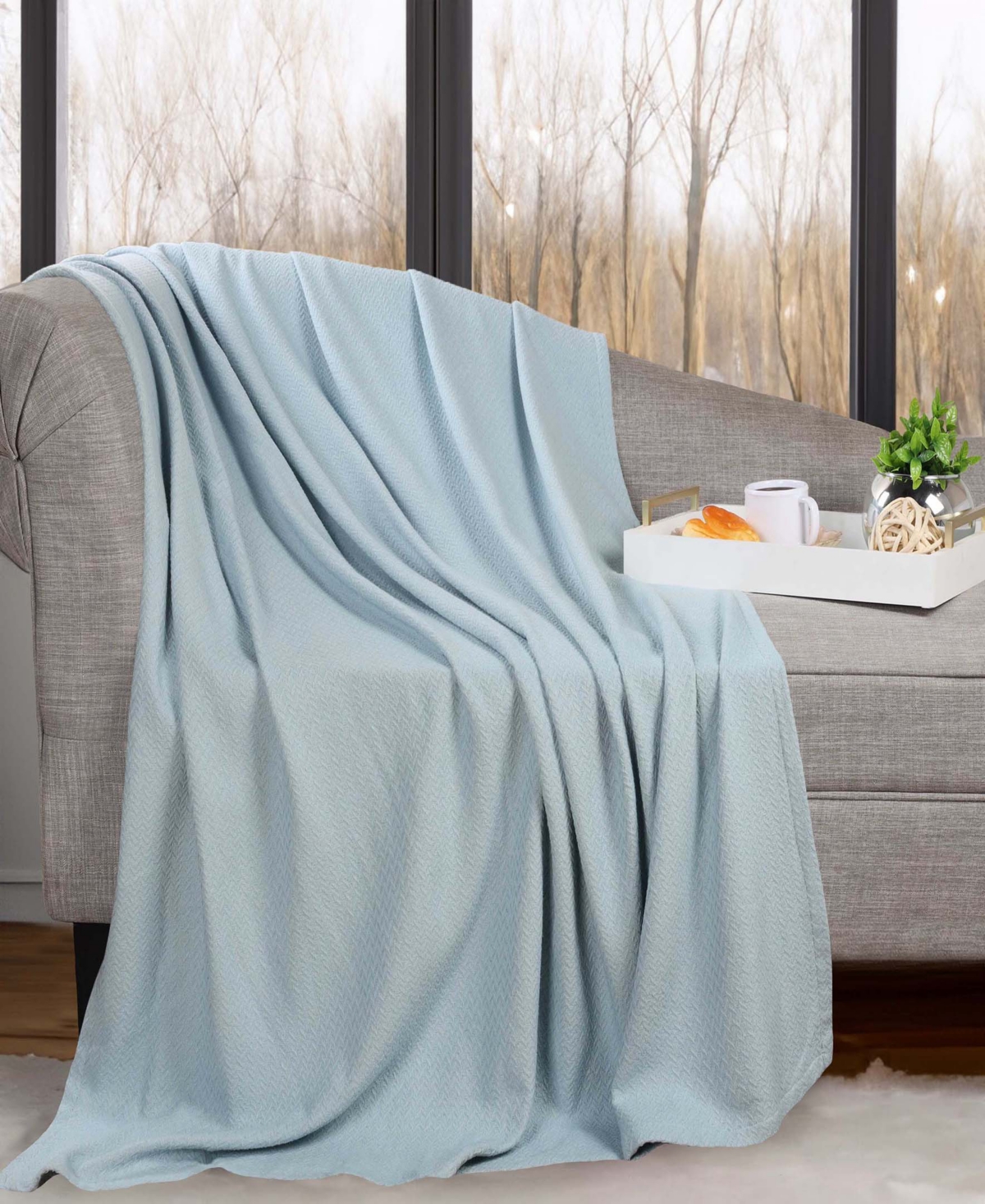 Superior Nobel Cotton Jacquard Dobby Weave Textured Chevron Lightweight Woven Throw, 50" X 60" In Light Blue