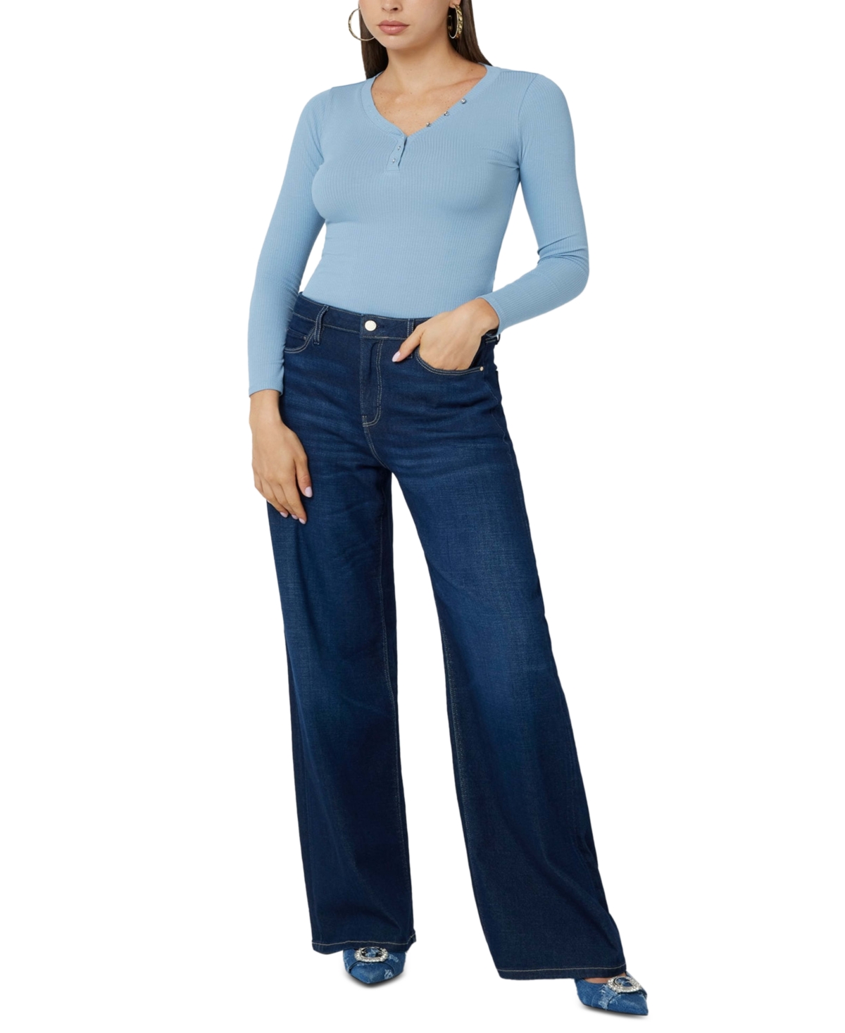 Guess Women's Kyla Ribbed Henley Long-Sleeve Top