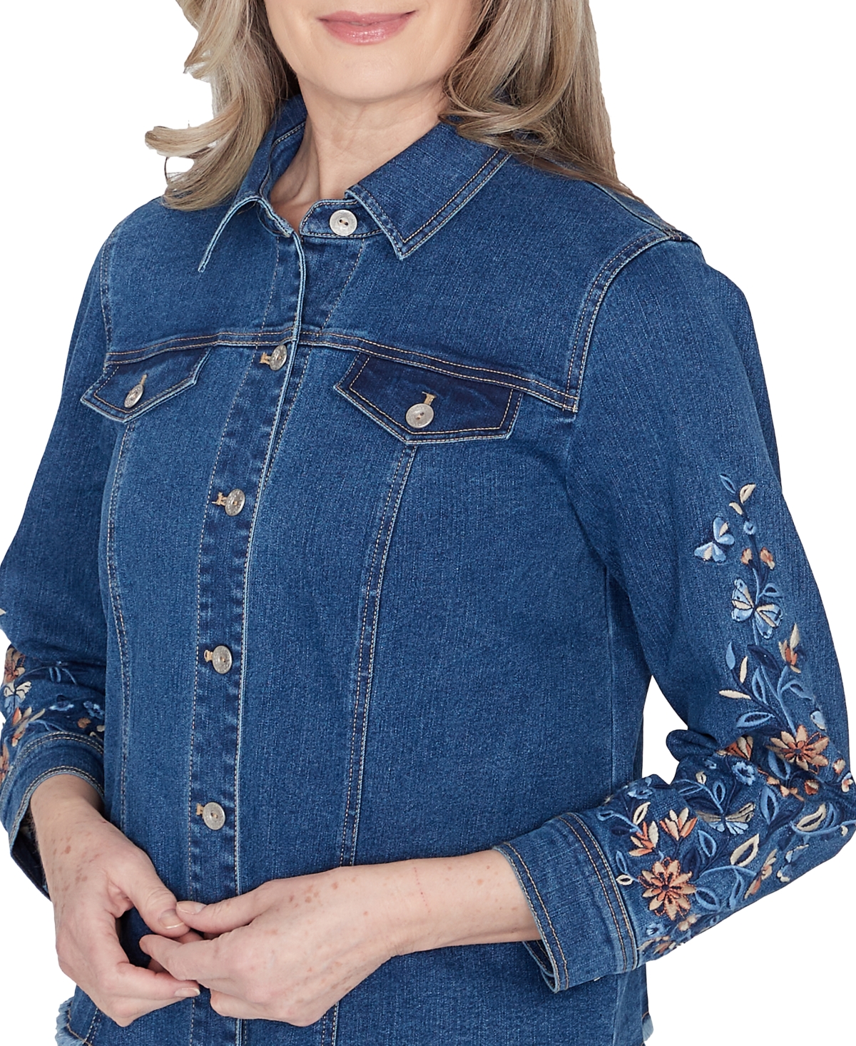 Alfred Dunner Scottsdale Women's Floral Embroidered Fringe Jacket In Meddenm
