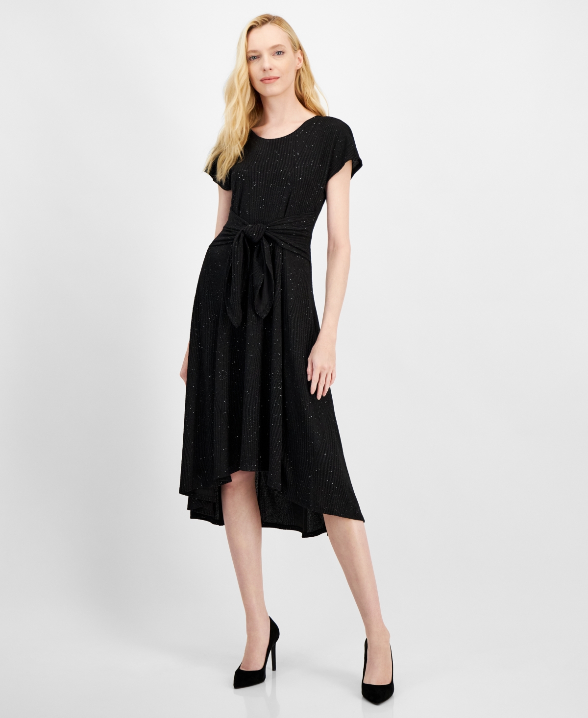 Robbie Bee Women's High-low Sparkle Fit & Flare Dress In Black Sparkle