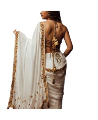 Women's Off White Pre-Pleated Silk Saree with Golden Halter Blouse with Kasab and Cutdana Embroidery