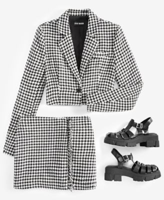 Steve Madden Rupi Houndstooth Tweed Cropped Blazer In Blk,wht