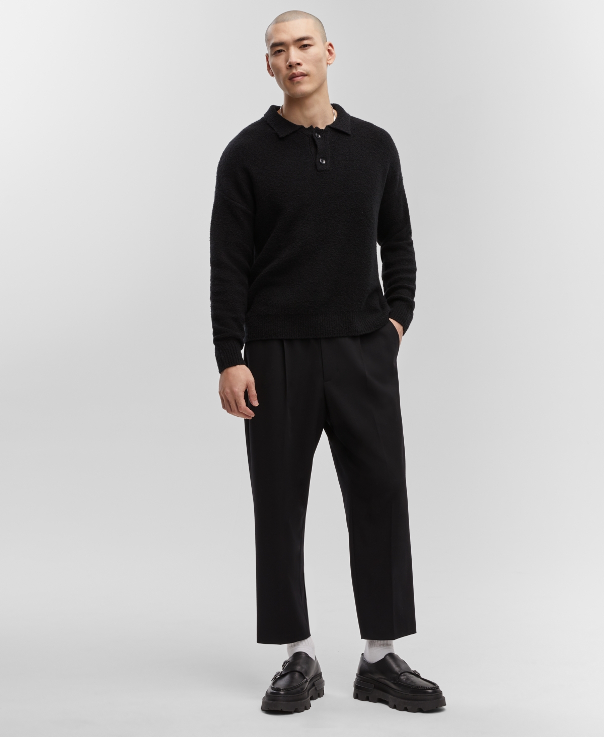 Men's Long-Sleeve Polo Sweater, Created for Macy's - Deep Black