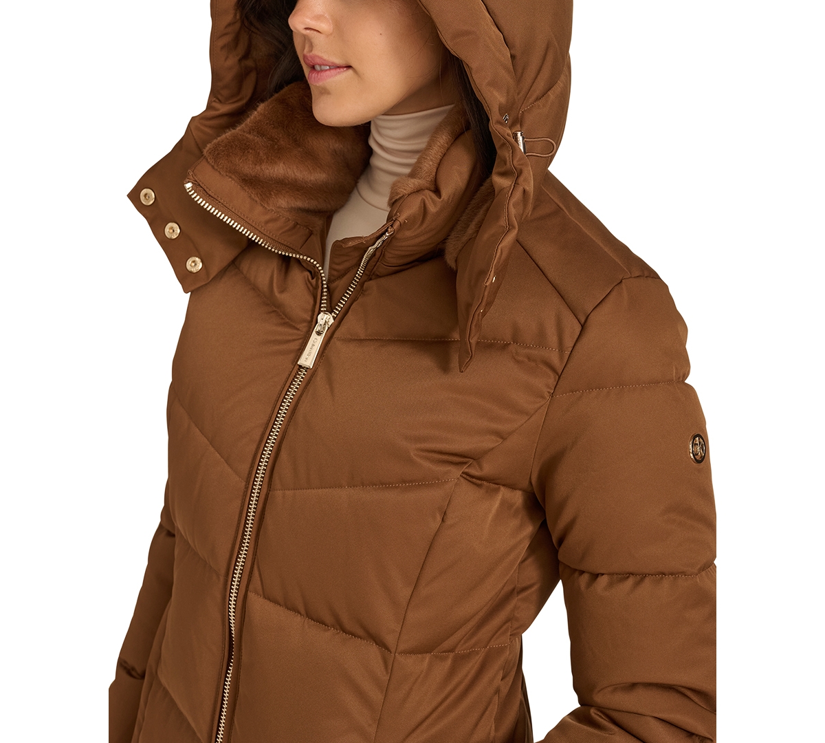 Calvin Klein Women's Hooded Faux-fur-lined Midi Puffer Coat In Chestnut