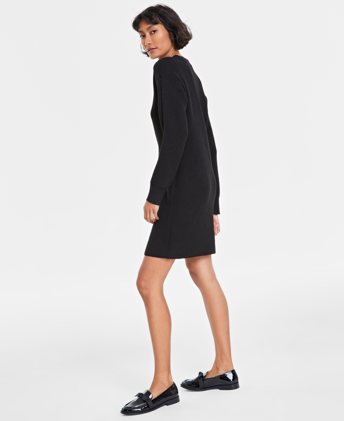 On 34th Women's Ribbed Crewneck Sweater Dress, Created For Macy's In Deep Black