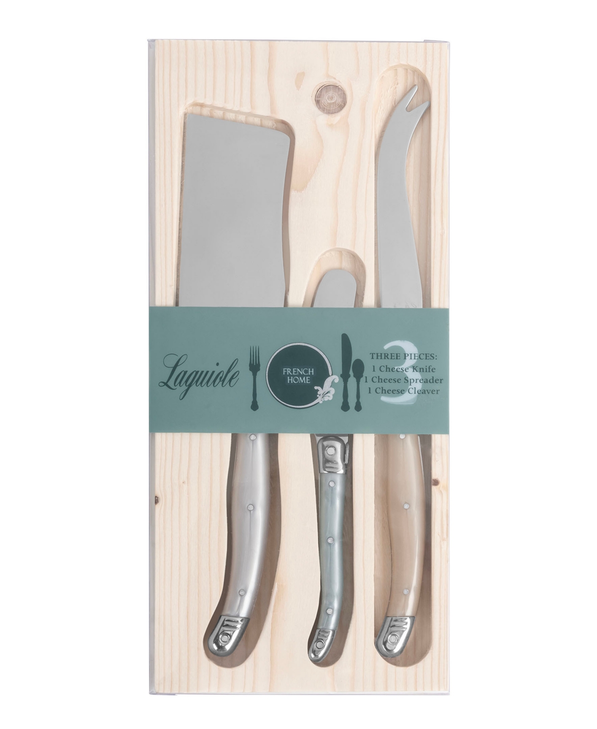 French Home Laguiole Cheese 3-piece Knife Set With Mother Of Pearl Handles In Tan,blue,white
