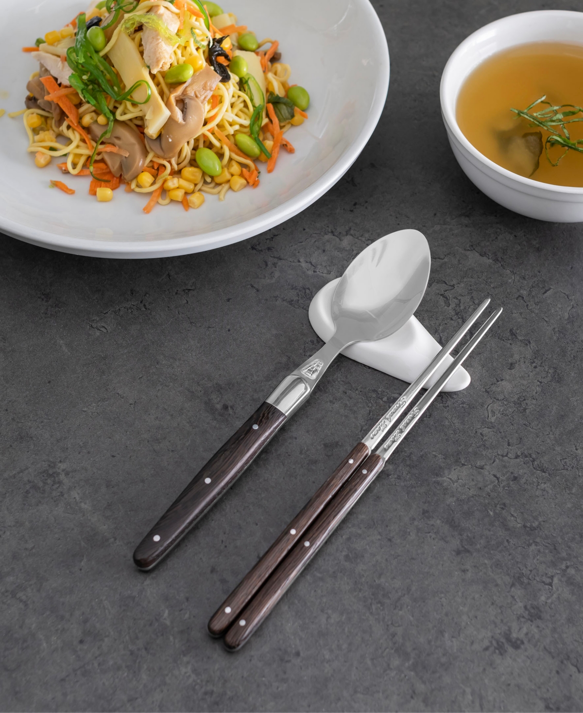 French Home Wenge Wood Chopsticks, Laguiole Spoons And Ceramic Rests, Set Of 2 Pairs In Brown