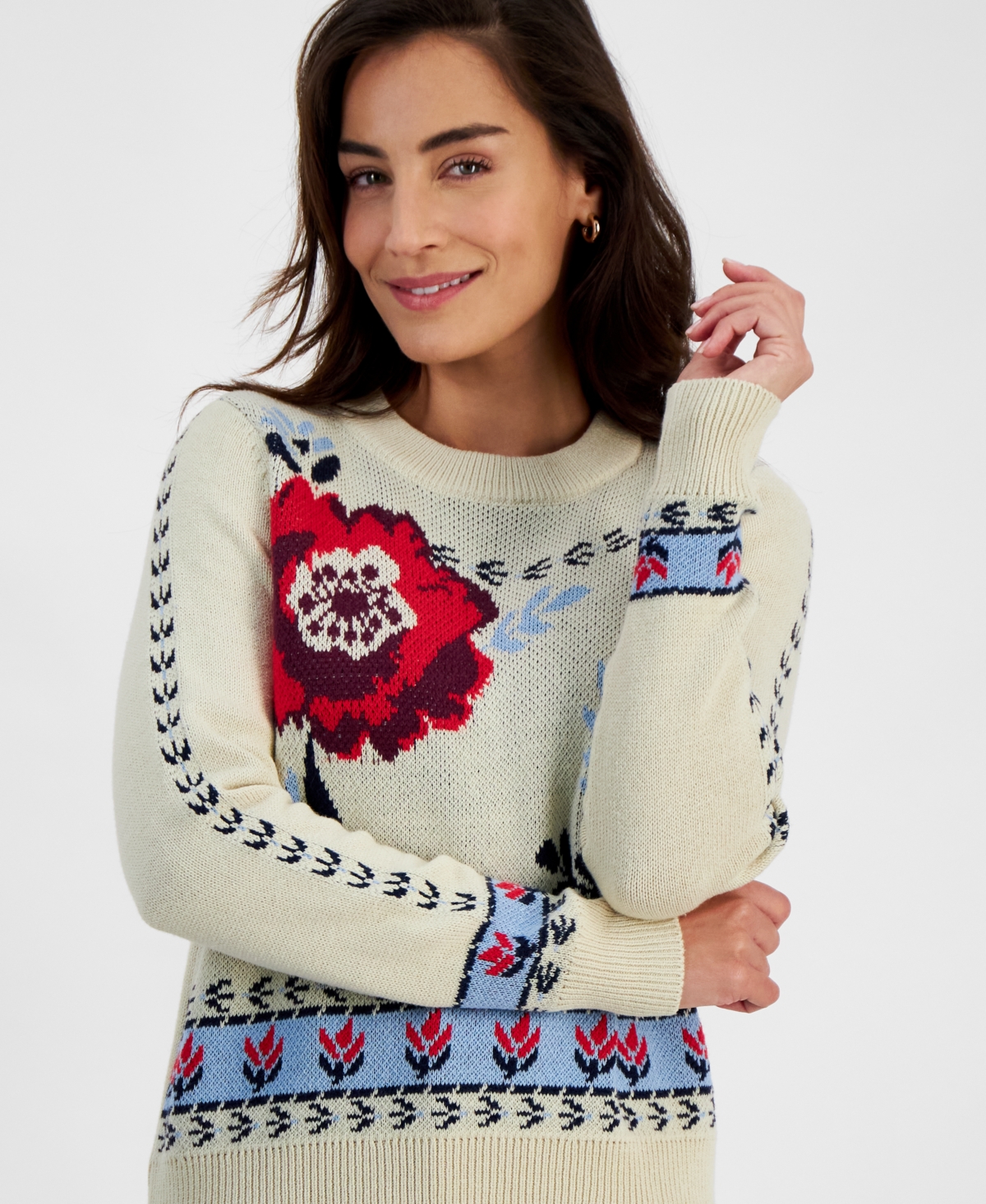 Style & Co Petite Floral Whimsy Crewneck Knit Sweater, Created for Macy's