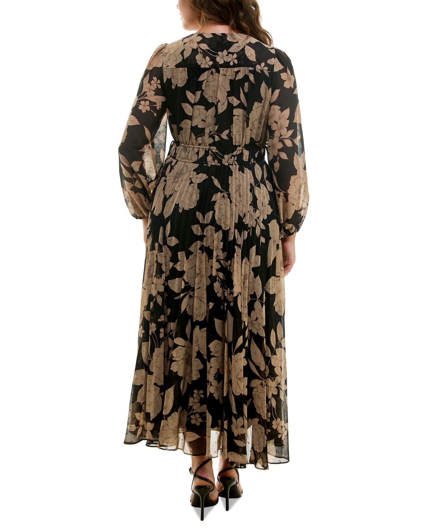 Plus Floral Chiffon V-Neck Pleated Dress