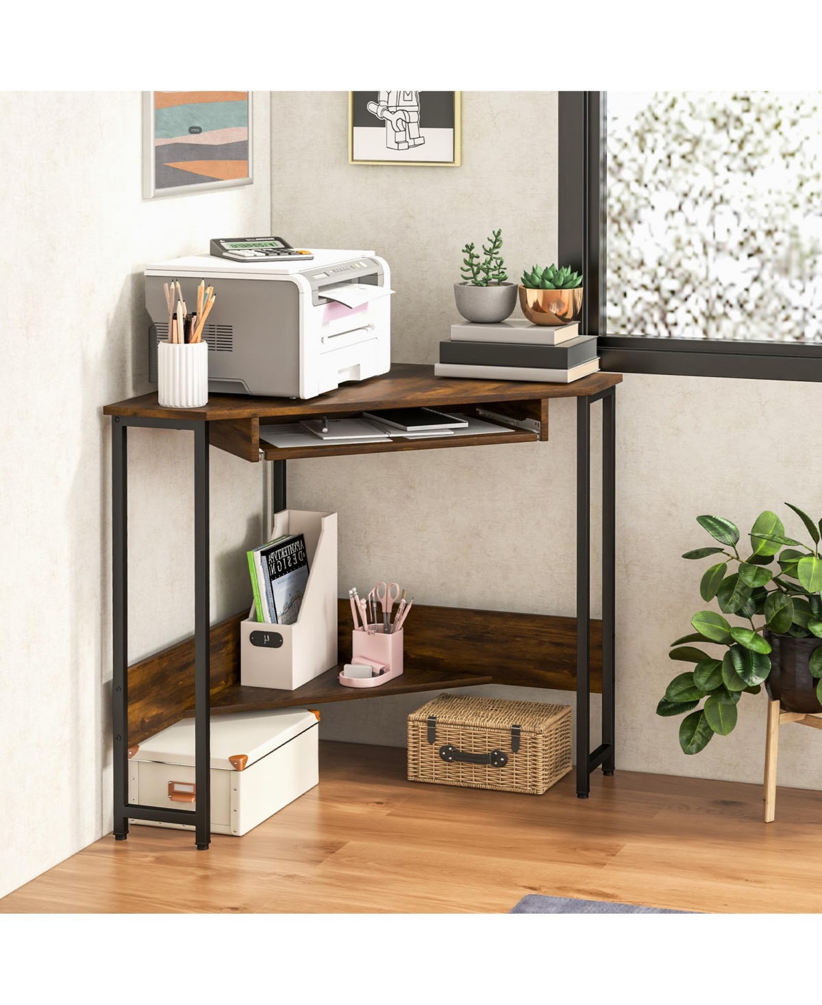 Sugift Triangle Corner Desk with Charging Station Keyboard Tray and Storage Shelf