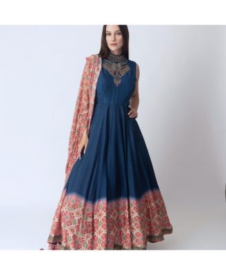 Women's Blue Anarkali Suit with Hand Embroidery on the Torso and Patola Print on the Hem