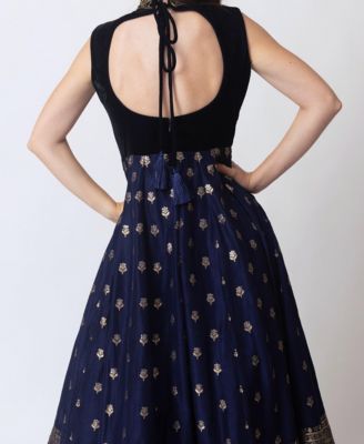 Women's Blue Anarkali Gown with Sequins and Cutdana Handwork on the Torso and Banarasi Jacquard Bottom